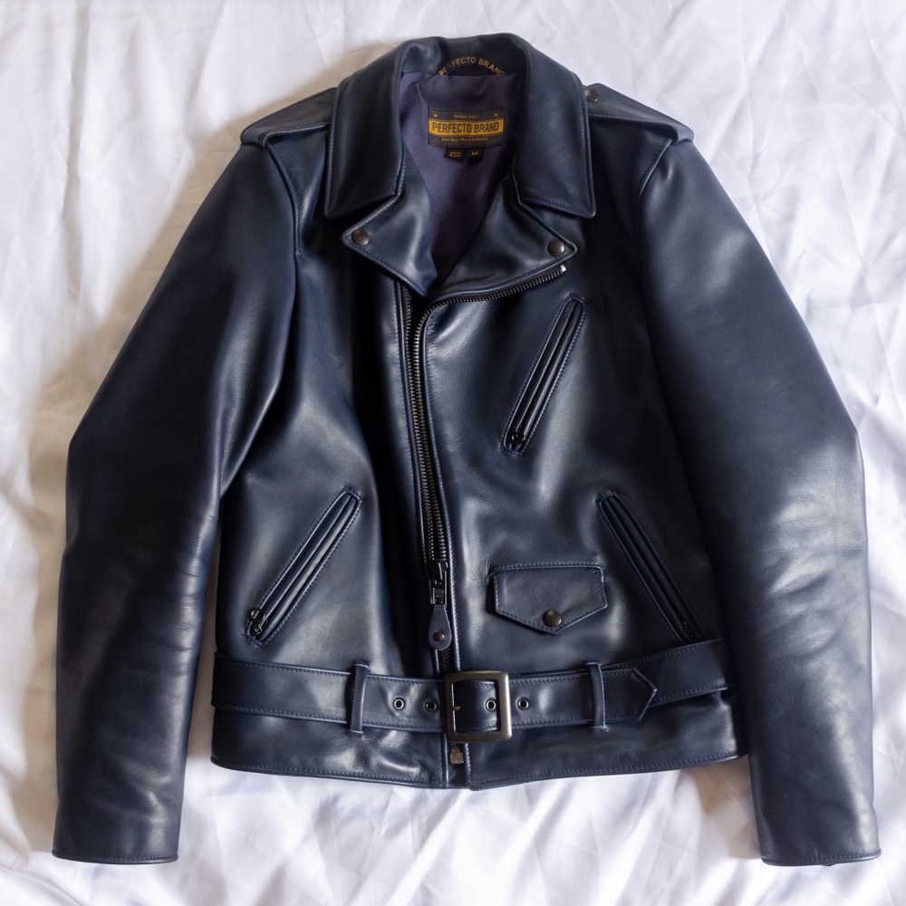 Schott Men's Naked Cowhide Motorcycle Jacket Navy Blue Size Medium